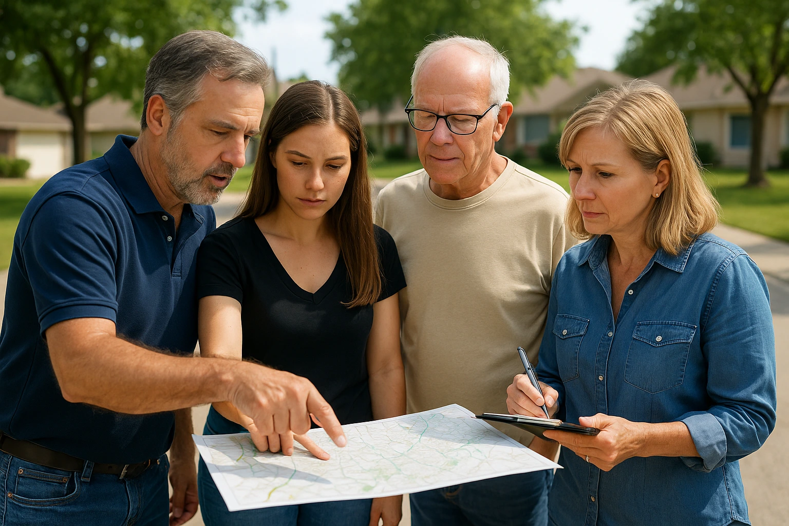 Four neighbors standing in a suburban street, reviewing a map together while one takes notes on a clipboard