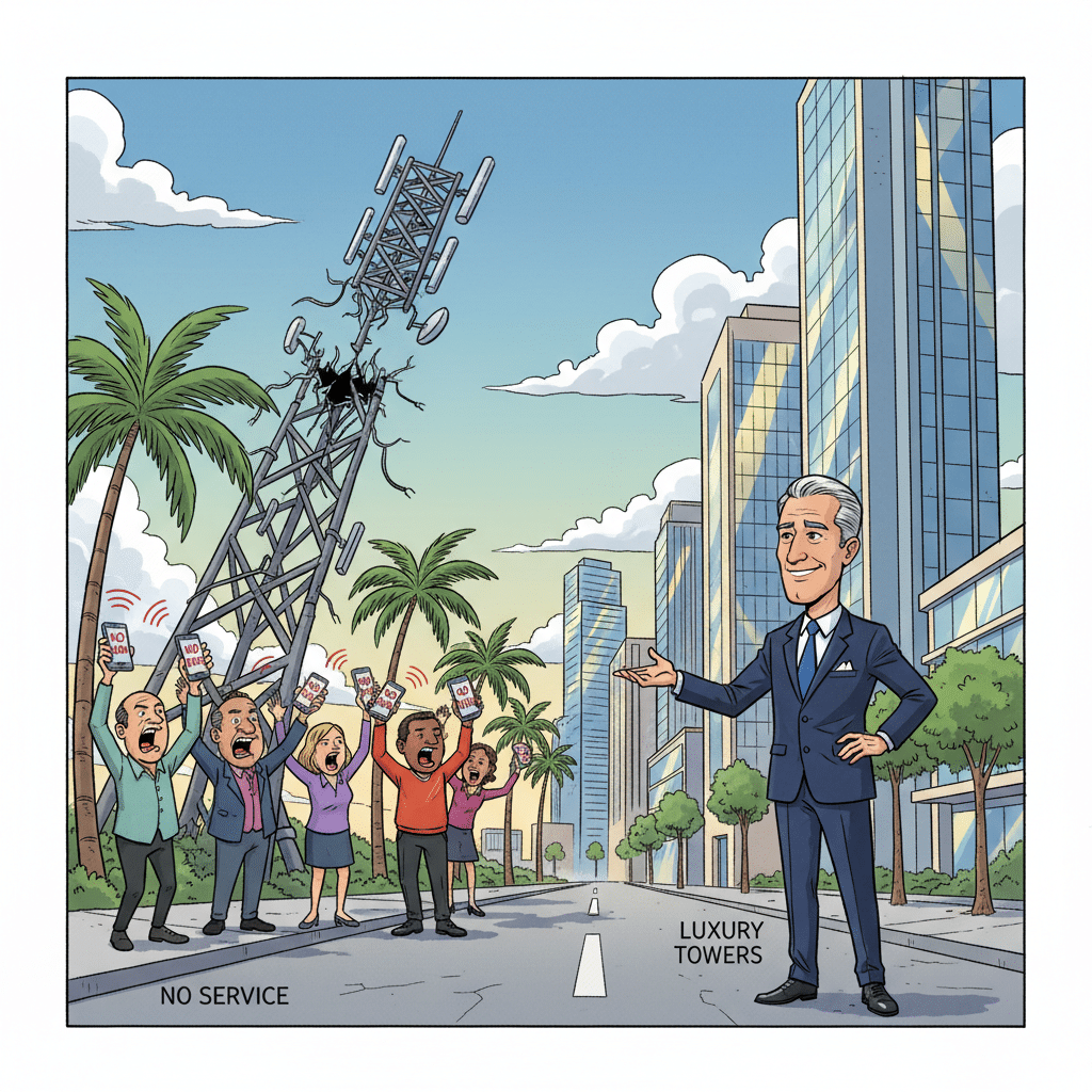 Political cartoon showing Boca Raton residents holding up phones with “No Service” while a broken cell tower leans in the background. On the other side, a smiling silver-haired mayor in a navy suit proudly gestures toward luxury skyscrapers, ignoring the frustrated citizens.