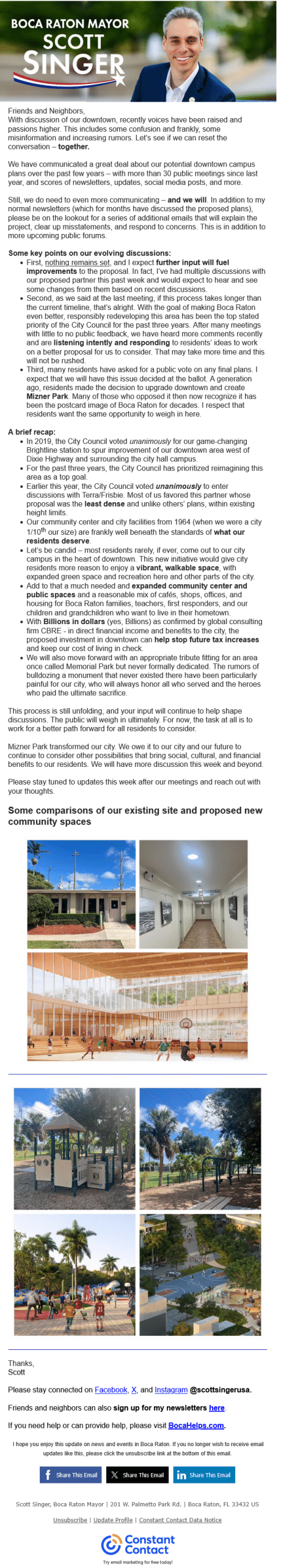 letter from Boca Raton Scott Singer in reference to downton project